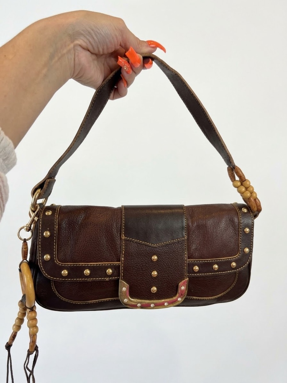 Hot In Hollywood Vintage Y2K Leather Shoulder Bag with Beaded Accents